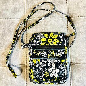 Vera Bradley Crossbody Phone Purse, Black White and Yellow Flower Design